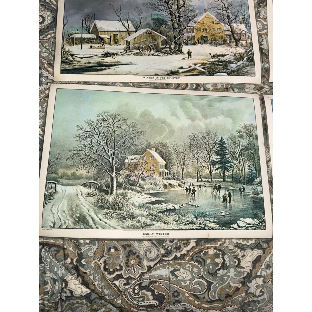 Vintage Currier and Ives Winter Scene Placemats Set of 4 Double Sided Christmas